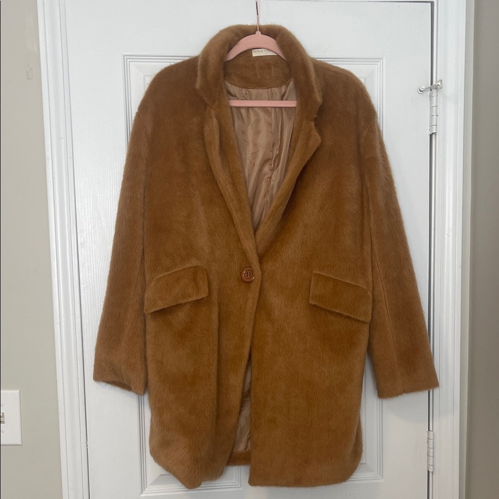 Women's Plush Teddy Coat in Brown - Single-Button Teddy Jacket